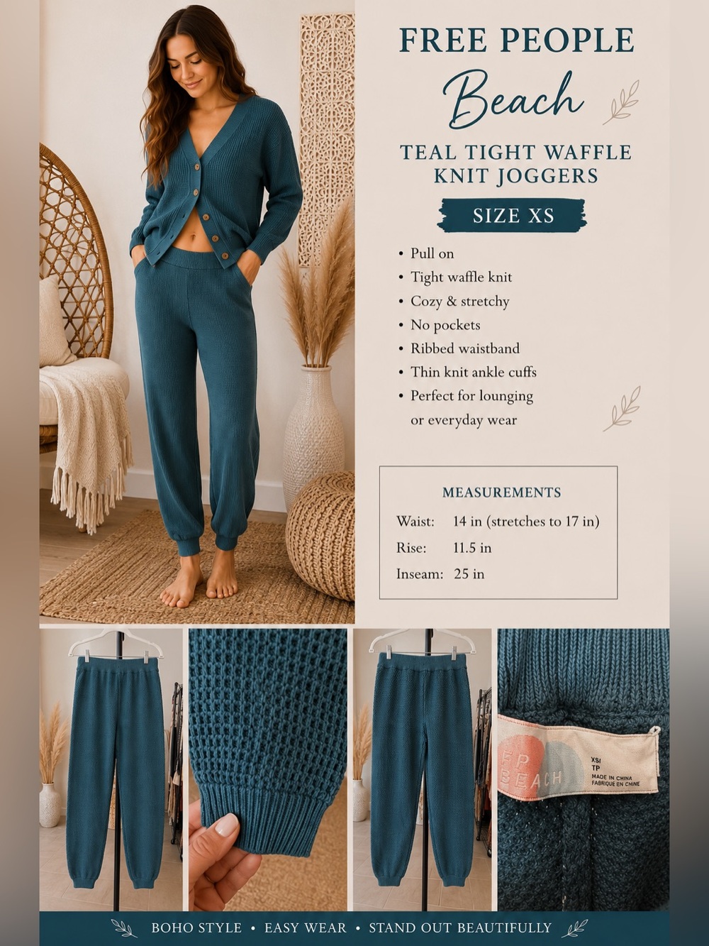 Free People Beach Teal Waffle Knit Joggers XS